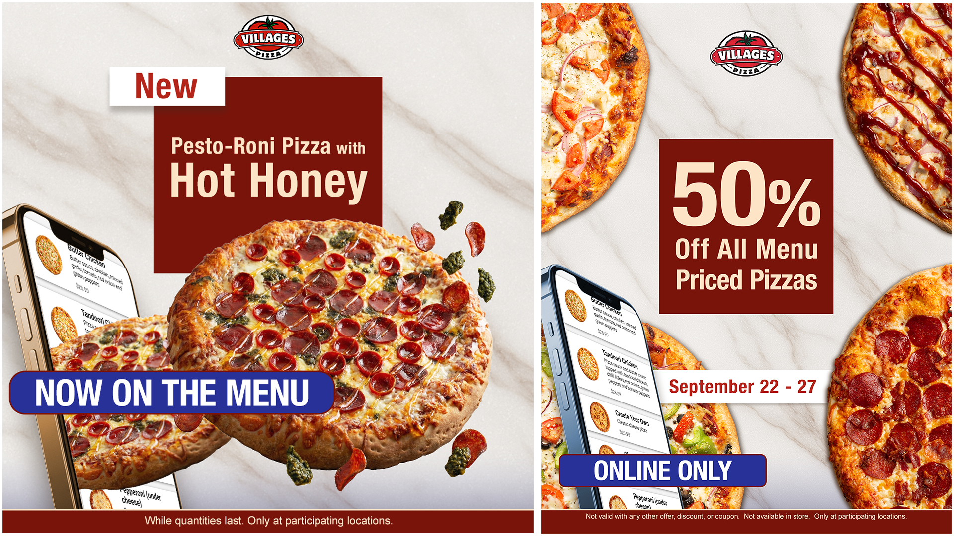 Ad creative photography for Villages Pizza: Custom food photography composite for social media marketing and print advertising.