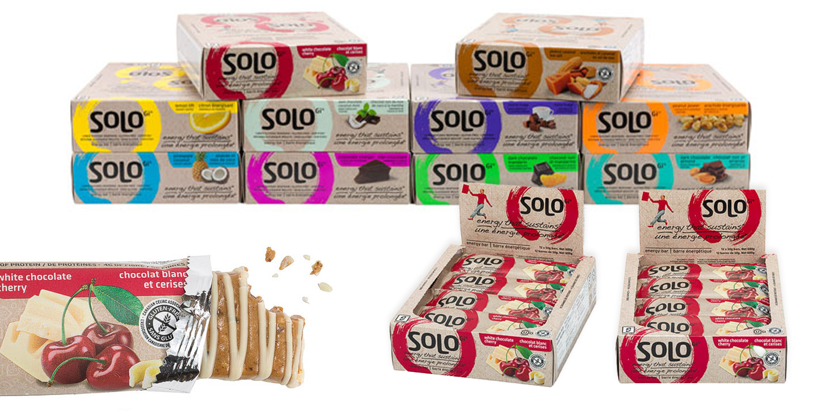 CPG food photography in Kelowna: Solo GI nutrition bar packaging and textured food styling on white background.