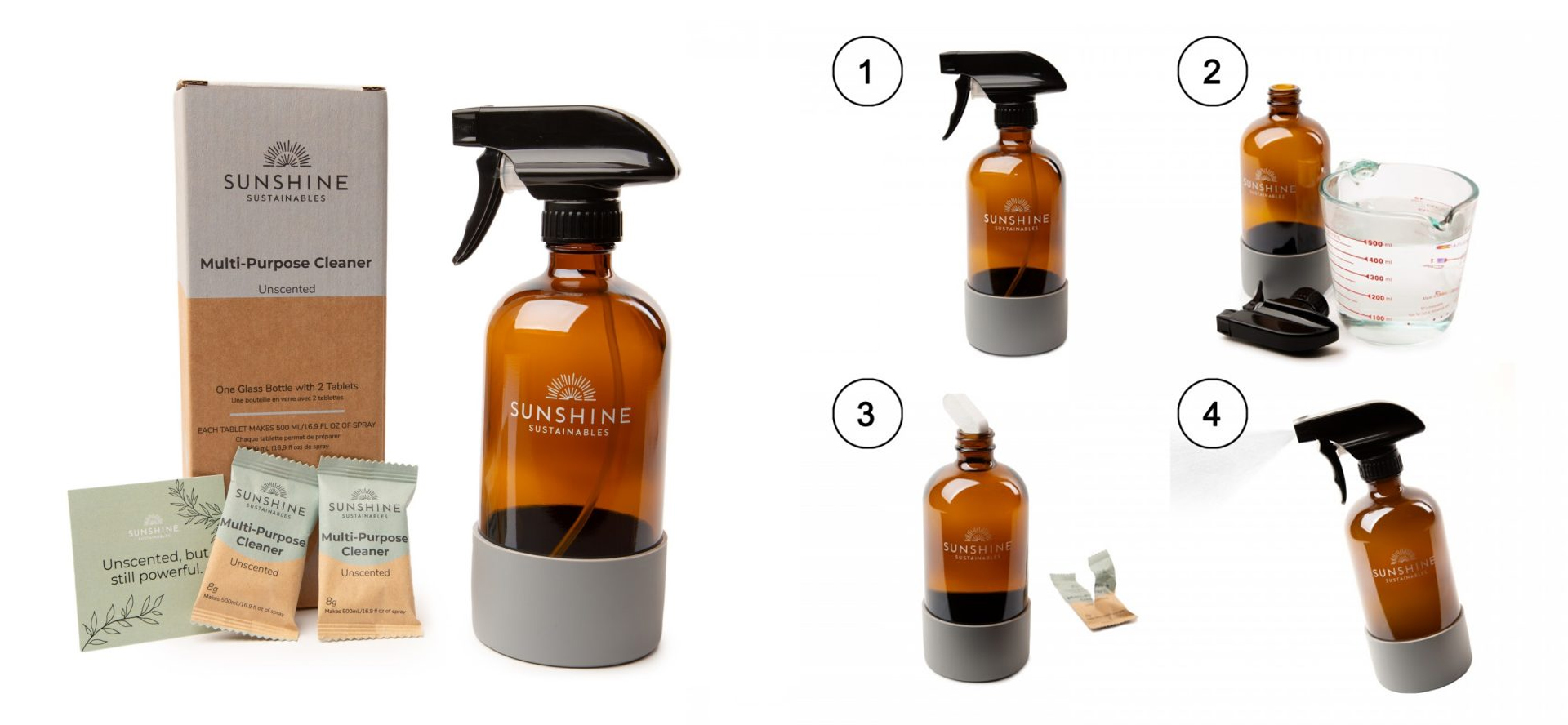 Amazon A+ Content infographic for Sunshine Sustainables multi-purpose cleaner showing packaging and a 4-step instructional guide, shot by Jason Babakaiff.
