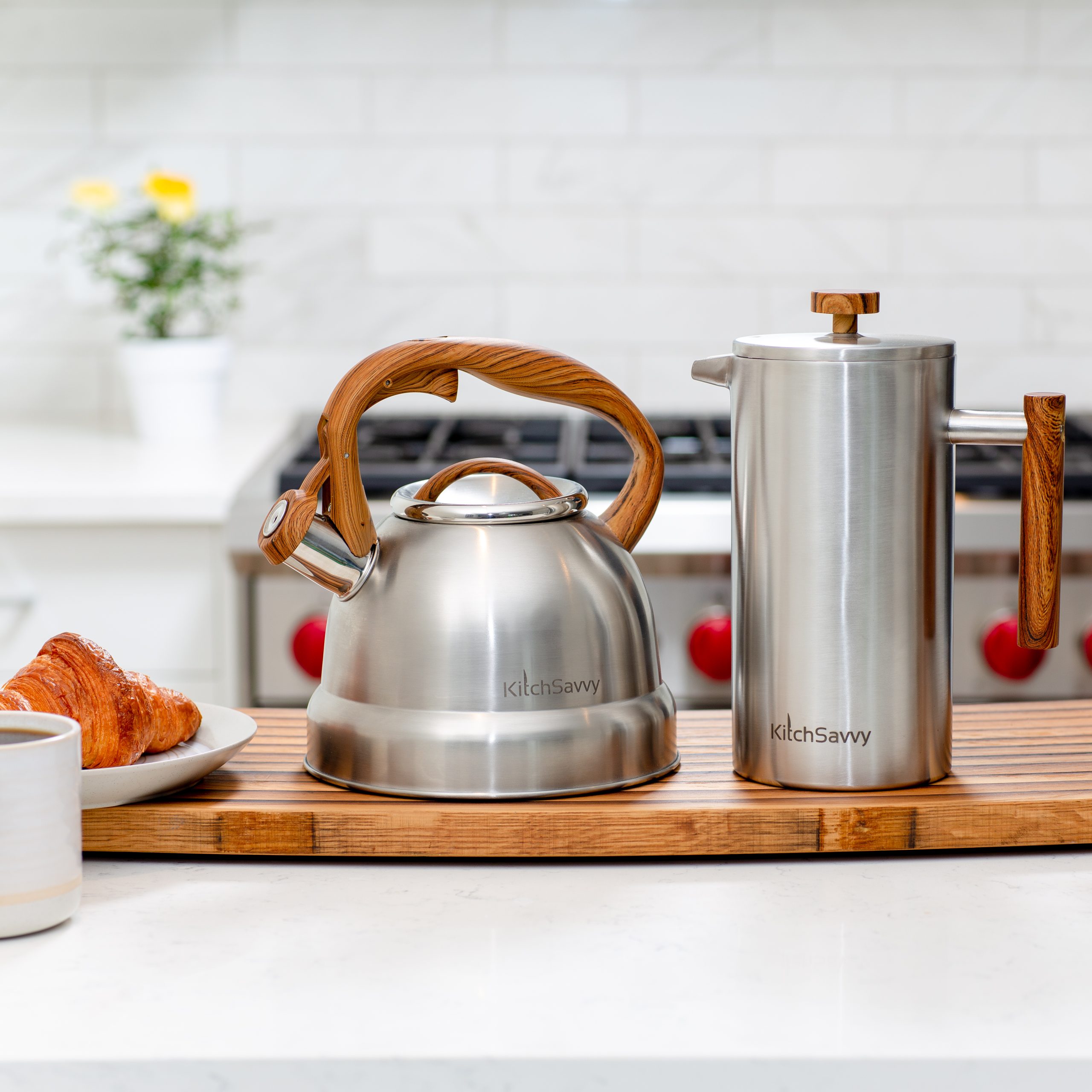 Kitchen lifestyle product photography featuring stainless steel French press